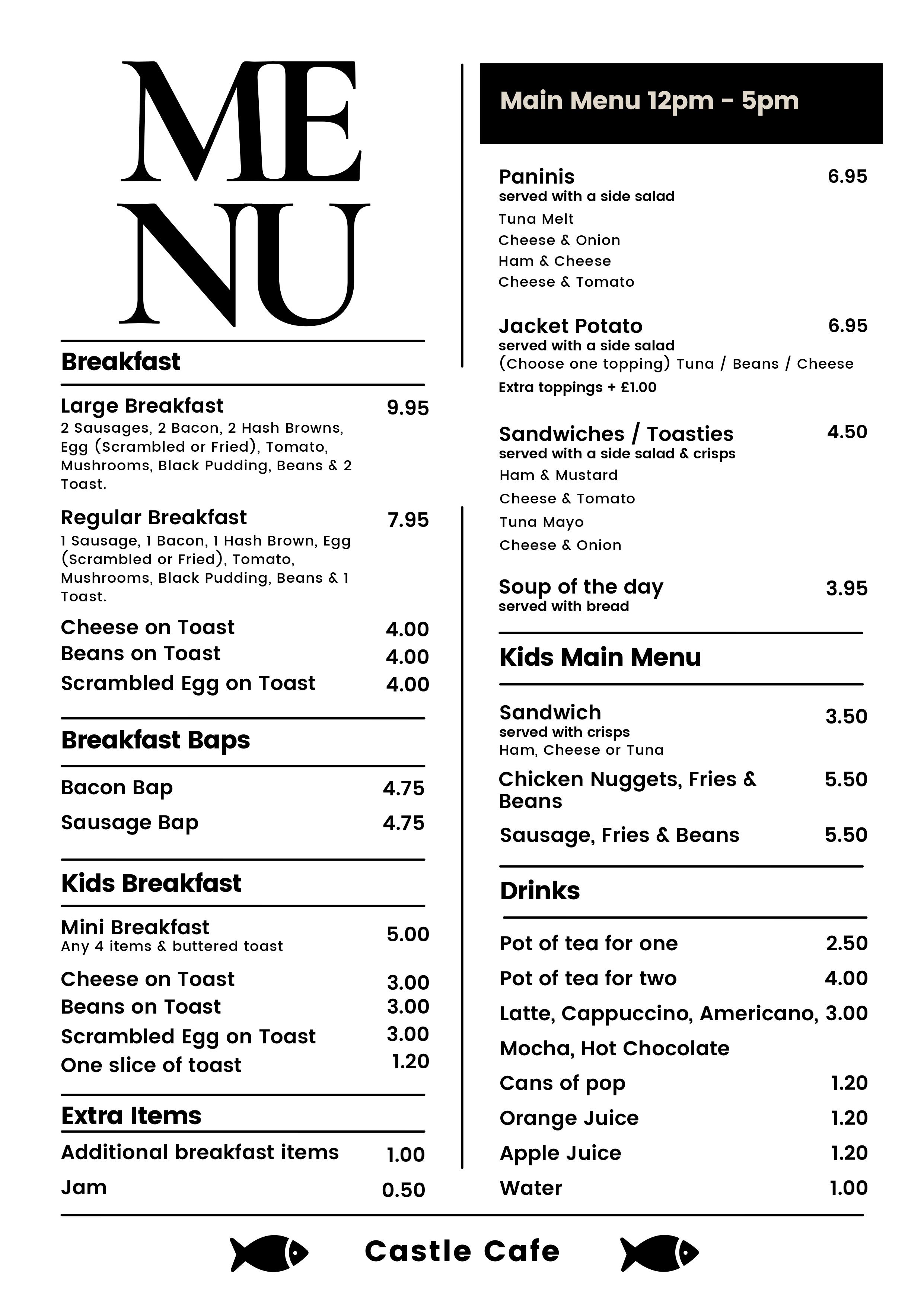 Castle Cafe Food Menu Stamford Way Fisheries Ewloe Hawarden